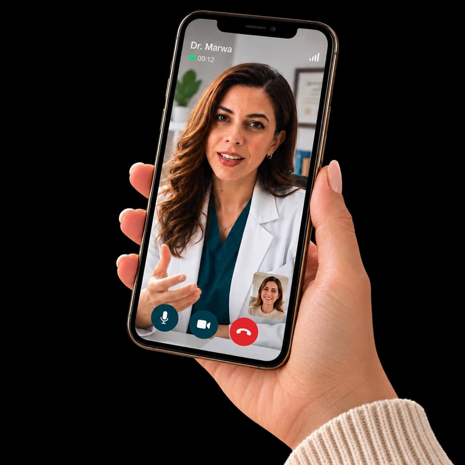 Illustrative at-home video consultation with Dr. Marwa
